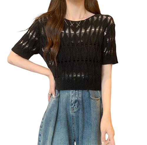 RWGSNB Leichter Häkelpullover Für Damen Im Boho Stil Aushöhlen Crop Top Sommer Kurze Ärmel Strand Cover Ups Pullover Achselzucken Bolero Bikini Coverups T Shirt Schwarz M von RWGSNB