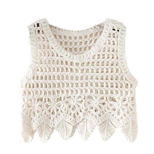 RWGSNB Pullover Westen, Damen Häkel Westenoberteil Ausgehöhltes Netz Strick Sommer Tanktop Lässiger Rundhalspullover Badeanzug Leicht Durchsichtig Kurzer Strandüberzug Weiß M von RWGSNB