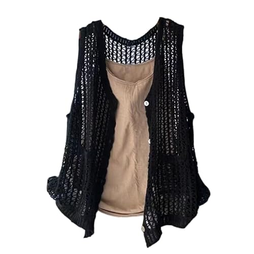 RWGSNB Pullover Westen, Gehäkeltes Westentop für Damen Weiche Baumwolle Offene Vorderseite Knopfleiste Ärmellos Sommer Cardigan Ausgehöhlt Gestrickt Lässiges Tanktop Leichtes Cover Up für Den von RWGSNB