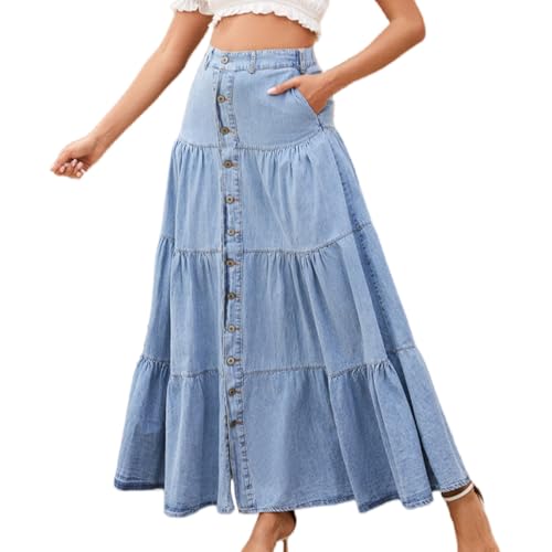 RWGSNB RöCke für Damen, Damen Jeans Maxirock Hohe Taille Plissiert Gestufter Blue Jeans A Linien Rock mit Taschen Lässig Fließend Lange Rüschenkleider für den Alltag und Dating XL von RWGSNB