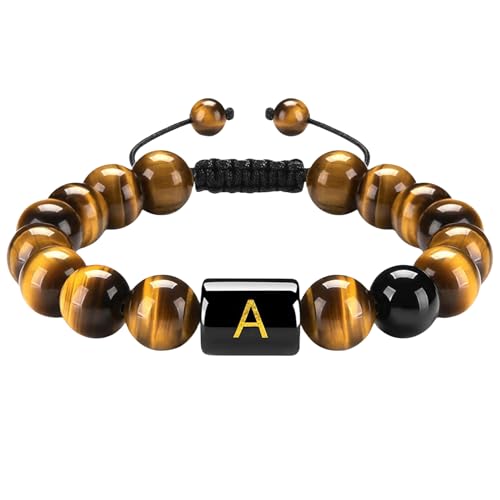 RWGSNB Steine Armband Damen, 10 Mm Natürliche Tigerauge Steinarmbänder mit Az Buchstaben Anfangsperlen Edelsteinarmband Handgefertigt Geflochten Lebendiger Kristallarmreif Schmuckgeschenke für Fr von RWGSNB
