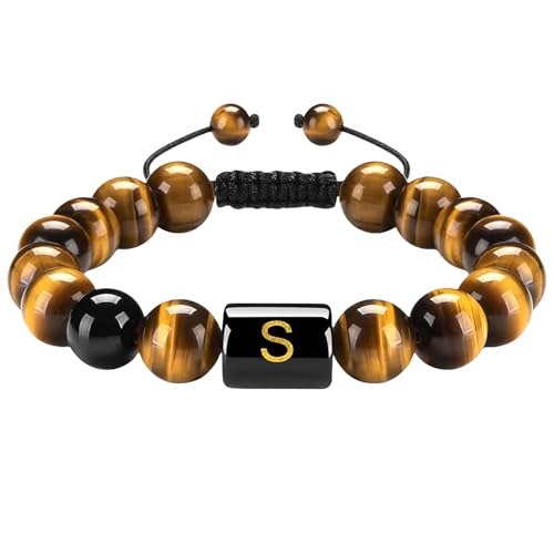 RWGSNB Steine Armband Damen, 10 Mm Natürliche Tigerauge Steinarmbänder mit Az Buchstaben Anfangsperlen Edelsteinarmband Handgefertigt Geflochten Lebendiger Kristallarmreif Schmuckgeschenke für Fr von RWGSNB