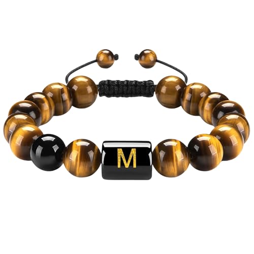 RWGSNB Steine Armband Damen, 10 Mm Natürliche Tigerauge Steinarmbänder mit Az Buchstaben Anfangsperlen Edelsteinarmband Handgefertigt Geflochten Lebendiger Kristallarmreif Schmuckgeschenke für Fr von RWGSNB