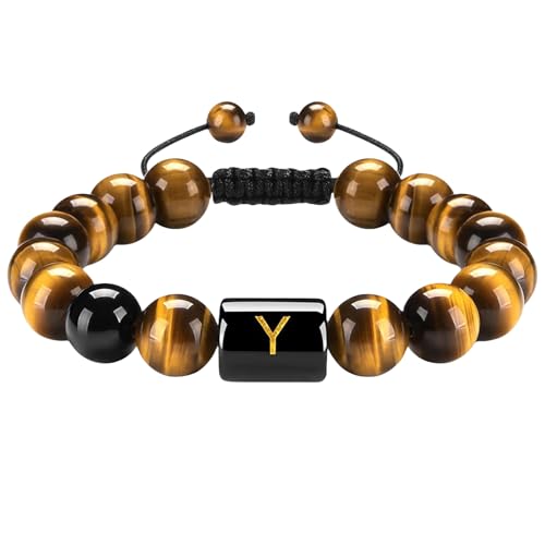 RWGSNB Steine Armband Damen, 10 Mm Natürliche Tigerauge Steinarmbänder mit Az Buchstaben Anfangsperlen Edelsteinarmband Handgefertigt Geflochten Lebendiger Kristallarmreif Schmuckgeschenke für Fr von RWGSNB
