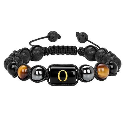RWGSNB Steine Armband Damen, 10 Mm Tigerauge Obsidian Edelsteinarmbänder mit Az Buchstaben Perlenarmbänder Handgefertigt Geflochten Personalisierte Kristallarmreifen Schmuckgeschenk für Männer u von RWGSNB