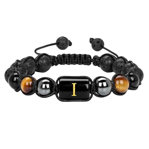 RWGSNB Steine Armband Damen, 10 Mm Tigerauge Obsidian Edelsteinarmbänder mit Az Buchstaben Perlenarmbänder Handgefertigt Geflochten Personalisierte Kristallarmreifen Schmuckgeschenk für Männer u von RWGSNB