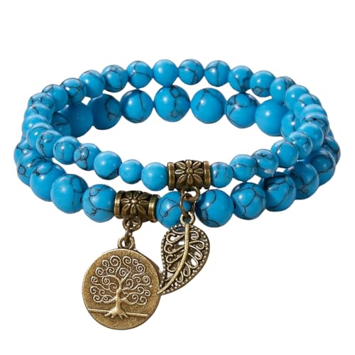 RWGSNB Steine Armband Damen, 2Er Pack Chakra Armbänder Set Mehrschichtige Echte Steine Boho Schmuck Armreifen mit Lebensbaum Anhänger Energie Edelstein Perlen Freundschaftsarmreifen Kristallschmu von RWGSNB