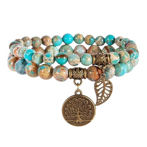RWGSNB Steine Armband Damen, 2Er Pack Chakra Armbänder Set Mehrschichtige Echte Steine Boho Schmuck Armreifen mit Lebensbaum Anhänger Energie Edelsteinperlen Freundschaftsarmreifen Kristallschmuc von RWGSNB