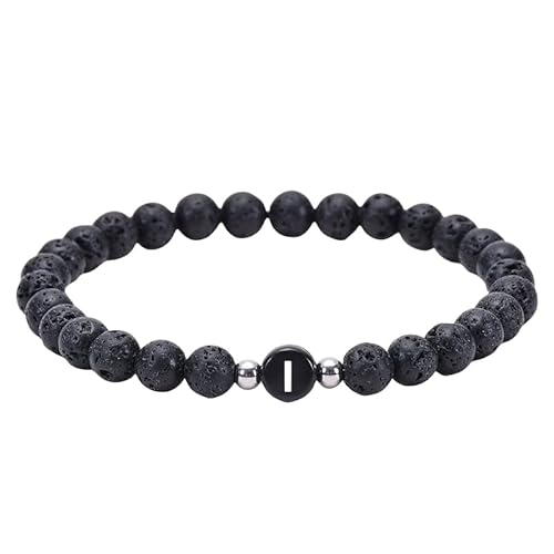 RWGSNB Steine Armband Damen, 6 Mm Natürliche Schwarze Lavaperlen Steinarmbänder mit Az Buchstaben Zierliche Edelstein Anfangsarmbänder Dehnbarer Kristallarmreif Spiritueller Schmuck Geschenke fü von RWGSNB