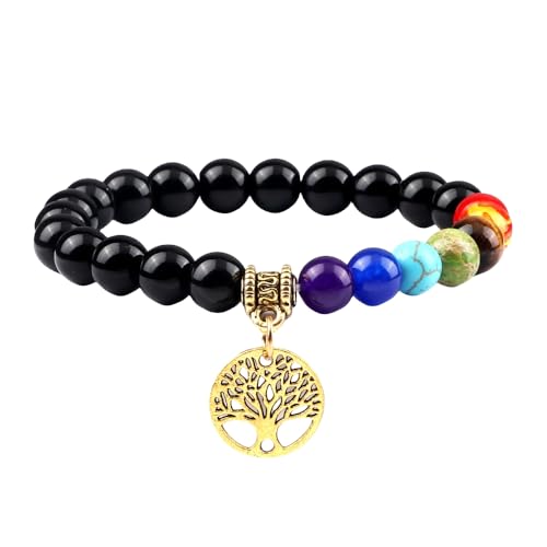 RWGSNB Steine Armband Damen, 7 Chakra Armband für Damen Herren Lebensbaum Chakra Echte Steine Angst Armreifen Natürlicher Edelstein Reiki Yoga Armreifen Energiekristall Schmuck Geschenke Schwarze von RWGSNB