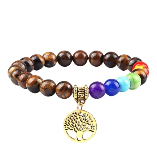 RWGSNB Steine Armband Damen, 7 Chakra Armband für Damen Herren Lebensbaum Chakra Echte Steine Angst Armreifen Natürlicher Edelstein Reiki Yoga Armreifen Energiekristall Schmuck Geschenke Tigeraug von RWGSNB