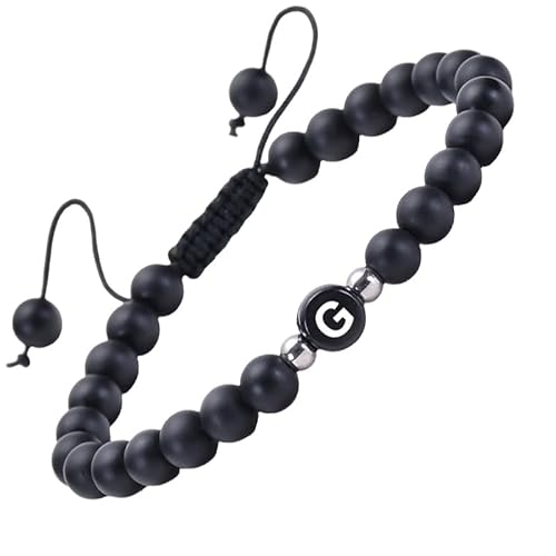 RWGSNB Steine Armband Damen, Armband Aus Mattschwarzem Achat Edelstein mit Dem Buchstaben Az Zierliches Initialenarmband Verstellbar Geflochtenes Seil Reiki Perlen Steinarmreifen Kristalle Schmuck G von RWGSNB
