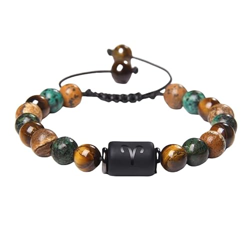 RWGSNB Steine Armband Damen, Herren Damen 12 Sternbild Sternzeichen Armbänder Tigerauge Stein Armband Verstellbar Geflochtenes Armbänder Natur Edelstein Armreifen Schutz Schmuck Geschenke Widder von RWGSNB