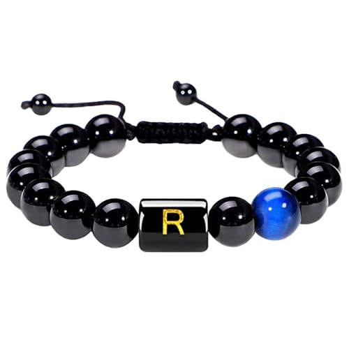 RWGSNB Steine Armband Damen, Herren Damen Initialen Perlenarmbänder Natürlicher Schwarzer Onyx Tigerauge Stein Armband Az Buchstabe Handgefertigt Geflochtenes Armband Edelstein Armreifen Personali von RWGSNB