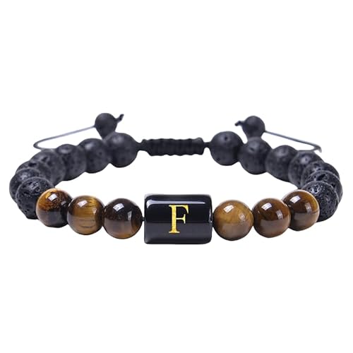 RWGSNB Steine Armband Damen, Herren Damen Initialen Perlenarmbänder Natürlicher Schwarzer Onyx Tigerauge Stein Armband Az Buchstabe Handgefertigt Geflochtenes Armband Edelstein Armreifen Personali von RWGSNB