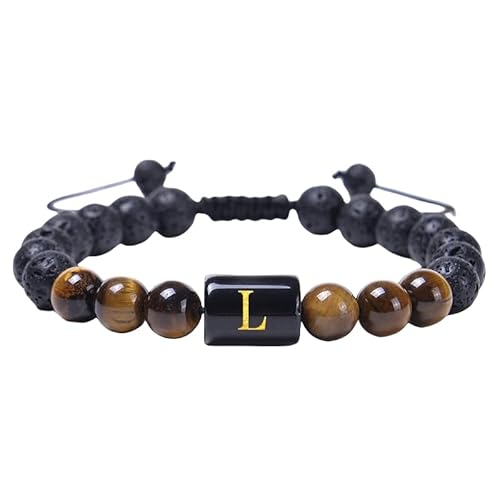RWGSNB Steine Armband Damen, Herren Damen Initialen Perlenarmbänder Natürlicher Schwarzer Onyx Tigerauge Stein Armband Az Buchstabe Handgefertigt Geflochtenes Armband Edelstein Armreifen Personali von RWGSNB