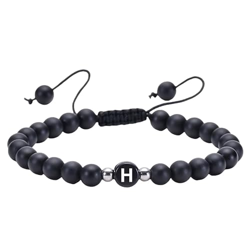 RWGSNB Steine Armband Damen, Initialen Armband für Paare 6 Mm Mattschwarzes Achat Perlen Edelstein Armband mit Dem Buchstaben Az Verstellbare Geflochtene Seil Stein Armreifen Zierlicher Kristallsch von RWGSNB