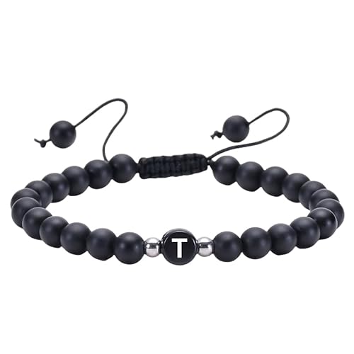 RWGSNB Steine Armband Damen, Initialen Armband für Paare 6 Mm Mattschwarzes Achat Perlen Edelstein Armband mit Dem Buchstaben Az Verstellbare Geflochtene Seil Stein Armreifen Zierlicher Kristallsch von RWGSNB