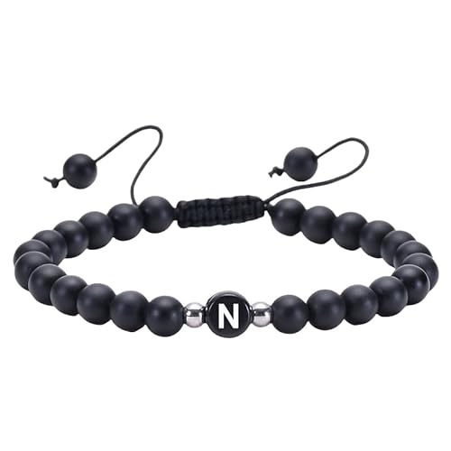 RWGSNB Steine Armband Damen, Initialen Armband für Paare 6 Mm Mattschwarzes Achat Perlen Edelstein Armband mit Dem Buchstaben Az Verstellbare Geflochtene Seilstein Armreifen Zierlicher Kristallschm von RWGSNB