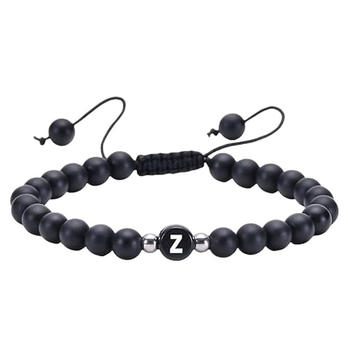 RWGSNB Steine Armband Damen, Initialen Armband für Paare 6 Mm Mattschwarzes Achat Perlen Edelstein Armband mit Dem Buchstaben Az Verstellbare Geflochtene Seilstein Armreifen Zierlicher Kristallschm von RWGSNB