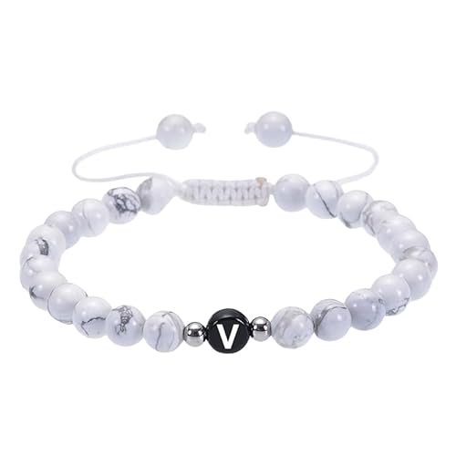 RWGSNB Steine Armband Damen, Initialen Armband für Paare 6 Mm Weißes Türkisfarbenes Perlen Edelsteinarmband mit Dem Buchstaben Az Verstellbares Geflochtenes Seil Reiki Steine Armreifen Zierlicher von RWGSNB