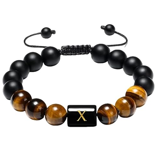 RWGSNB Steine Armband Damen, Initialen Perlenarmbänder für Damen und Herren 10 Mm Mattschwarzer Achat Tigerauge Steinarmbänder Buchstaben Az Verstellbar Geflochtenes Seil Edelstein Armreifen Schm von RWGSNB