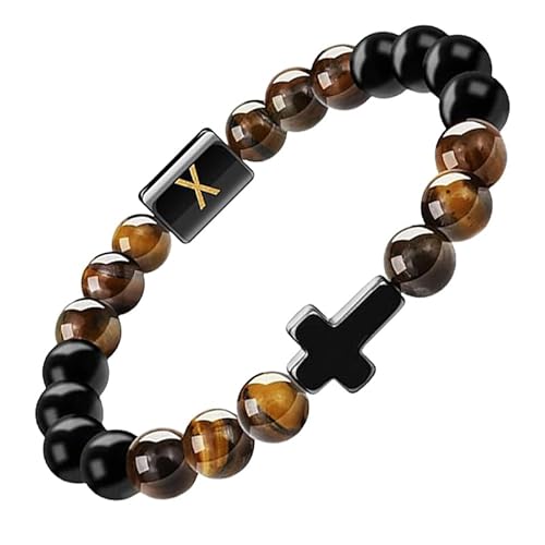 RWGSNB Steine Armband Damen, Initialen Perlenarmbänder für Damen und Herren 10 Mm Mattschwarzer Achat Tigerauge Steinarmbänder Buchstaben Az Verstellbar Geflochtenes Seil Edelstein Armreifen Schm von RWGSNB