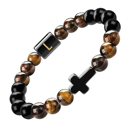 RWGSNB Steine Armband Damen, Initialen Perlenarmbänder für Damen und Herren 10 Mm Mattschwarzer Achat Tigerauge Steinarmbänder Buchstaben Az Verstellbar Geflochtenes Seil Edelstein Armreifen Schm von RWGSNB