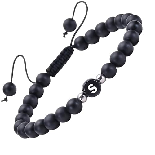 RWGSNB Steine Armband Damen, Mattschwarzes Achat Edelsteinarmband mit Dem Buchstaben Az Zierliches Initialenarmband Verstellbar Geflochtenes Seil Reiki Perlen Steinarmreifen Kristalle Schmuck Gesche von RWGSNB