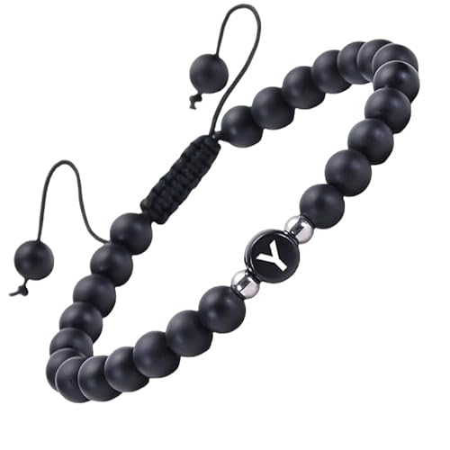 RWGSNB Steine Armband Damen, Mattschwarzes Achat Edelsteinarmband mit Dem Buchstaben Az Zierliches Initialenarmband Verstellbar Geflochtenes Seil Reiki Perlen Steinarmreifen Kristalle Schmuck Gesche von RWGSNB