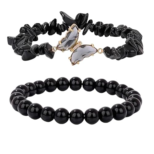 RWGSNB Steine Armband Damen, Schmetterlingsarmbänder 2Er Set Freundschaftsarmreifen mit Edelsteinperlen Balance Energiestein Reiki Yoga Armreifen Spiritueller Kristallschmuck Geschenk für Frauen von RWGSNB