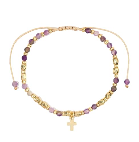 RWGSNB Steine Armband Damen 4 Mm Spinell Amethyst Armband mit Kreuzanhänger Facettierte Armreifen Aus Naturstein Verstellbar Geflochtenes Seil Perlen Edelstein Armreifen Reiki Kristallschmuck Gesch von RWGSNB