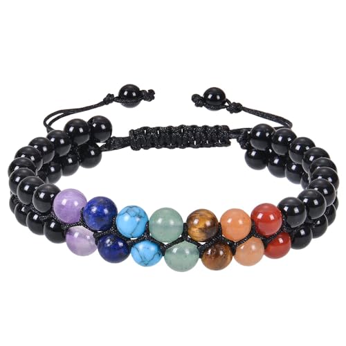 RWGSNB Steine Armband Damen 7 Chakra Armband für Damen und Herren Wickelarmband mit Geschichteten Perlen Edelsteinarmband Verstellbar Handgefertigt Geflochtenes Seil Steinarmreifen Reiki Heilkrista von RWGSNB