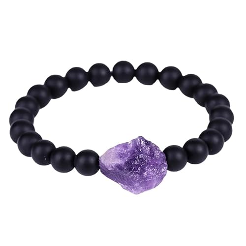 RWGSNB Steine Armband Damen 8 Mm Natürliches Schwarz Mattiertes Onyx Armband Unregelmäßige Amethyst Armreifen Stretch Perlen Edelstein Armreifen Reiki Yoga Heilkristall Schmuck Spirituelles Gesch von RWGSNB