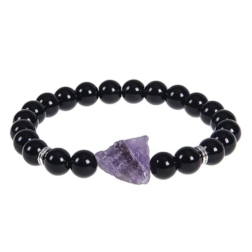 RWGSNB Steine Armband Damen 8 Mm Natürliches Schwarzes Obsidian Armband für Männer Unregelmäßige Amethyst Armreifen Stretch Perlen Rohstein Armreifen Reiki Yoga Heilkristall Schmuck Spirituelle von RWGSNB