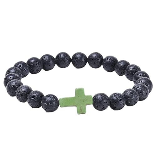 RWGSNB Steine Armband Damen Herren Kreuz Armband Natürlicher Schwarzer Lavastein Armreifen Stretch Glaube Kreuz Perlen Edelstein Armreifen Reiki Yoga Heilung Kristallschmuck Gebet Taufe Geschenk f von RWGSNB