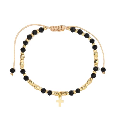 RWGSNB Steine Edelsteine Armband 4 Mm Spinell Armband Aus Schwarzem Obsidian mit Kreuzanhänger Facettierte Armreifen Aus Naturstein Verstellbares Geflochtenes Seil Herren Armreifen mit Perlen Edels von RWGSNB