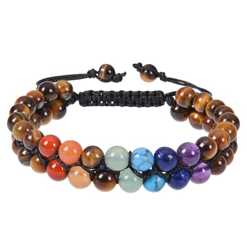 RWGSNB Steine Edelsteine Armband 7 Chakra Armband für Damen und Herren Wickelarmband mit Geschichteten Perlen Edelsteinarmband Verstellbar Handgefertigt Geflochtenes Seil Steinarmreifen Reiki Heilk von RWGSNB