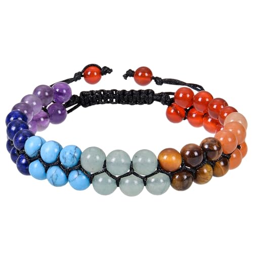 RWGSNB Steine Edelsteine Armband 7 Chakra Armband für Damen und Herren Wickelarmband mit Geschichteten Perlen Edelsteinarmband Verstellbar Handgefertigt Geflochtenes Seil Steinarmreifen Reiki Heilk von RWGSNB