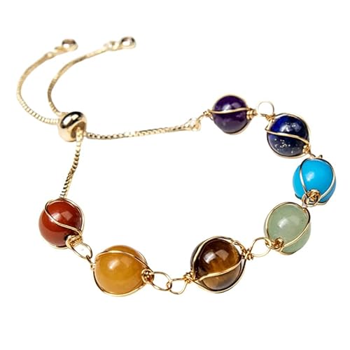 RWGSNB Steine Edelsteine Armband 7 Chakra Armband für Frauen und Mädchen Natürliche 7 Stein Armreifen Verstellbare Bolo Kette Goldener Draht Umwickelt Perlen Edelstein Armreifen Reiki Yoga Heilkr von RWGSNB