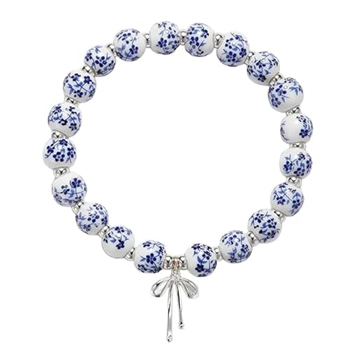 RWGSNB Steine Edelsteine Armband Blau Weißes Porzellan Perlenarmband Stretch Vintage Blumenarmreifen mit Silbernem Schleifenanhänger Chinesischer Stil Handgefertigter Schmuck Geschenk für Frauen von RWGSNB
