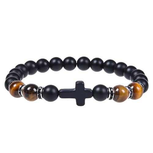 RWGSNB Steine Edelsteine Armband Herren Kreuz Perlen Armband 8 Mm Natur Schwarz Matt Onyx Armreifen Stretch Glaube Kreuz Edelstein Armreifen Reiki Yoga Heilkristall Schmuck Spirituelles Geschenk von RWGSNB