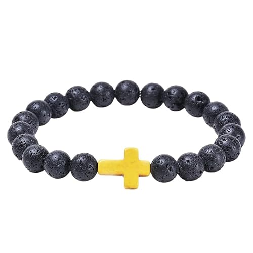 RWGSNB Steine Edelsteine Armband Kreuzperlen Armband für Damen und Herren Natürlicher Schwarzer Lavastein Armreifen Stretch Glaube Kreuz Edelstein Armreifen Reiki Yoga Heilkristall Schmuck Gebet T von RWGSNB