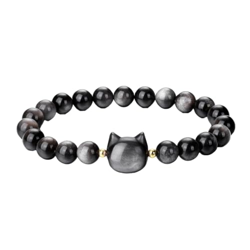 RWGSNB Steine Edelsteine Armband Natürliches Schwarzes Obsidian Armband für Männer Süße Kristall Katzen Armreifen Dehnbar Zierliche Damen Armreifen mit Perlen Edelstein Reiki Yoga Kri von RWGSNB