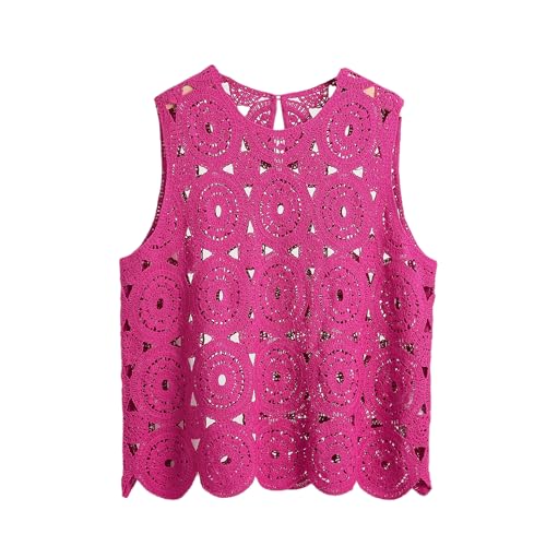 RWGSNB Weste Damen, Gehäkeltes Weste Top für Damen Boho Ausgehöhlt Ärmellos Rundhalsausschnitt Sommer Tank Pullover Leicht Dünn Lässig Strand Überzug für Den Alltag Urlaub Party Rosarot M von RWGSNB