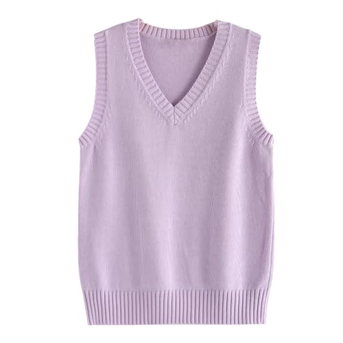 RWGSNB äRmellos Strick Weste, Damen Strickweste Feinstrickpullover Weste Baumwolle Adrette Ärmellose Weste Lässiger V Ausschnitt Strickpullover Westen Lockere Frühlingsstrick Tanktops Lila XL von RWGSNB
