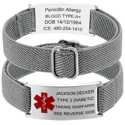 Medizinisches Warnarmband Damen/Herren - Medizinische Alarm Armband Personalisiert mit Info Autismus Allergie Diabetes Epilepsie Grau Notfallarmband SOS ID Armband Geschenk für Senioren & Kinder von RWQIAN