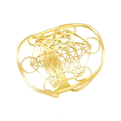 RWQIAN Damen Erzengel Gold Ring Metatron Muster Edelstahl Heilige Erzengel Ring Hohlring Blume des Lebens Einstellbare Schmuck Geschenk von RWQIAN