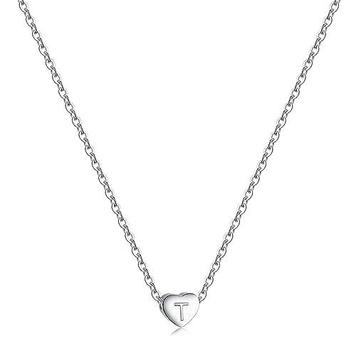 RWQIAN Silber Herz Buchstabe Kette Damen- Edelstahl Initialen Kette Alphabet T Buchstabe Kettenanhänger Halskette Geschenk 16"+2" von RWQIAN