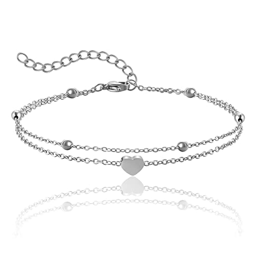 RWQIAN Damen Verstellbares Fußkettchen Edelstahl Wasserdichtes Fußkettchen mit Herz,Kettenlänge 20cm+5cm Silber von RWQIAN